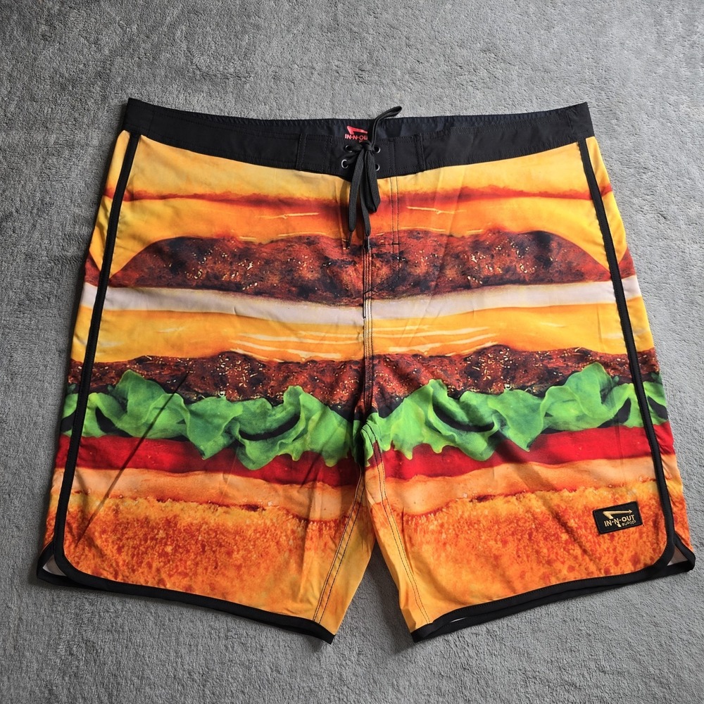 In n Out Mens 42 Double Hamburger Burger Shorts Swim Trunk Novelty Print Funny